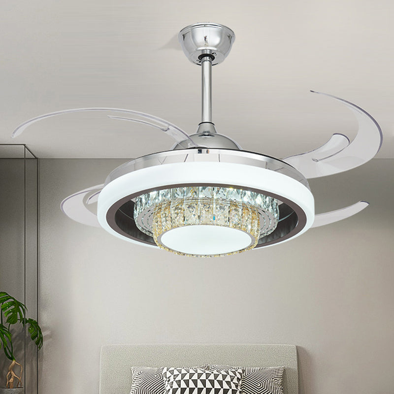 LED Metal Hanging Fan Light Modern Silver Round Living Room Semi Flush Mount Ceiling Fixture with 4 Clear Blades, 42" W