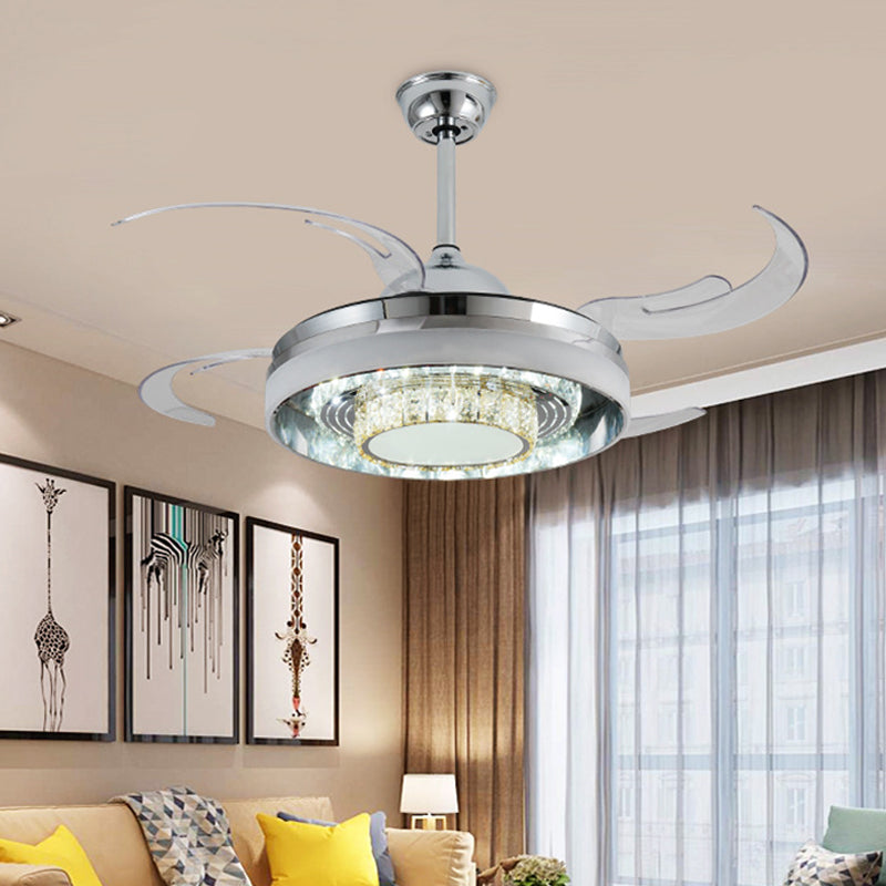 Round Acrylic Hanging Fan Lamp Modernist LED 42" W Living Room Semi Mount Lighting in Silver with Crystal Accent, 4 Clear Blades