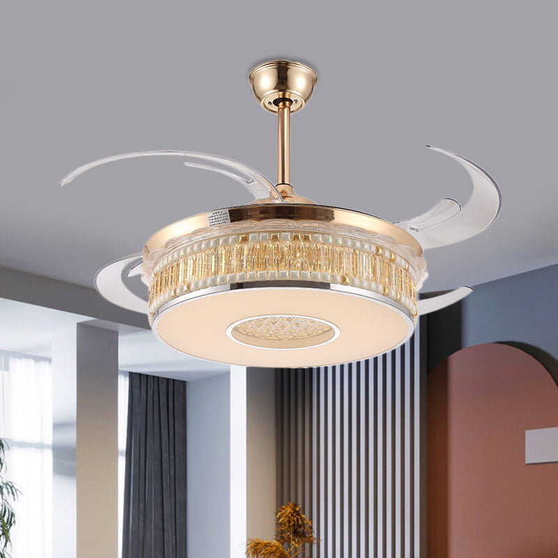 Gold Circular Hanging Fan Lighting Metal LED Bedroom Semi Flush Mount Ceiling Light with 4 Clear Blades, 42" Width