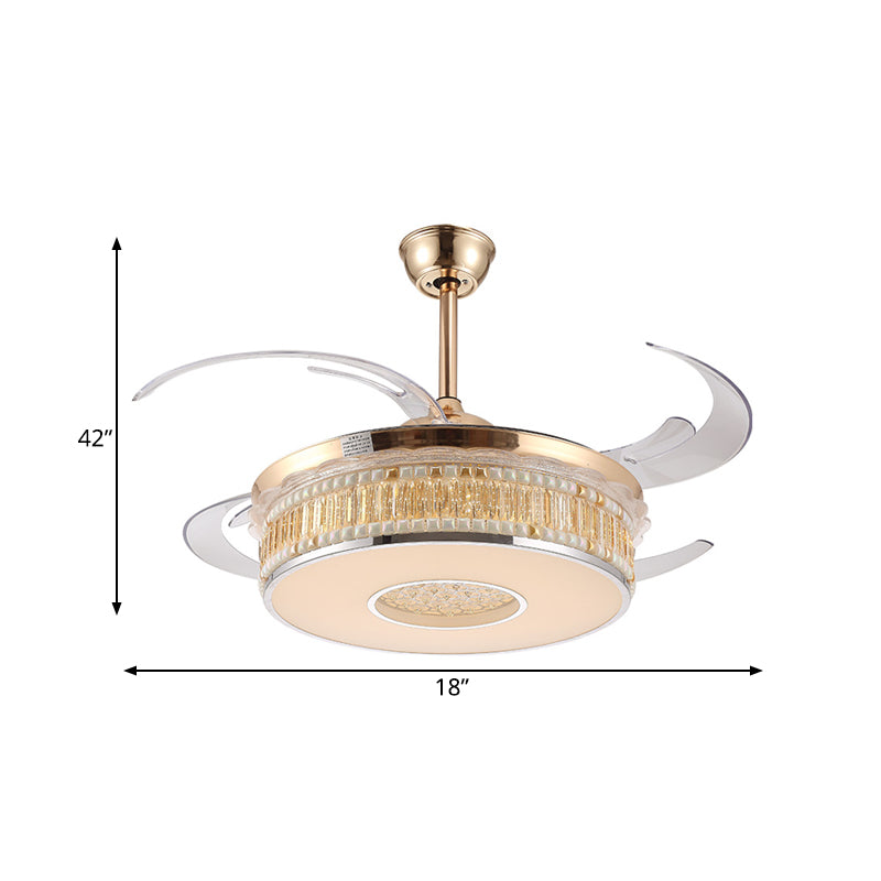 Éclair de ventilateur suspendu en or Metal LED CHAMBRE SEMI FUSH LEMPRIMMENT LEMPLIQUE AVEC 4 lames transparentes, 42 "de largeur