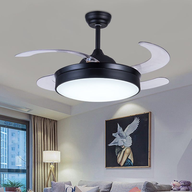 Acrylic Circle Pendant Fan Light Contemporary LED 42" W Bedroom 4 Clear Blades Semi Flush Mount Lighting in Black, Remote/Wall Control/Remote and Wall Control