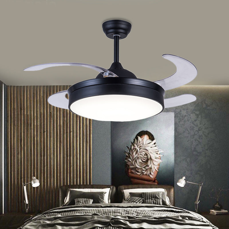 Acrylic Circle Pendant Fan Light Contemporary LED 42" W Bedroom 4 Clear Blades Semi Flush Mount Lighting in Black, Remote/Wall Control/Remote and Wall Control