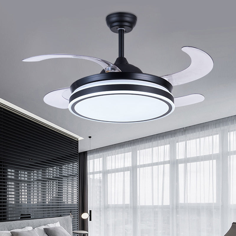 36" W LED Pendant Fan Lighting Modern Circle Metal 4 Blades Semi Flush Ceiling Light Fixture in Black, Remote/Wall Control/Remote and Wall Control