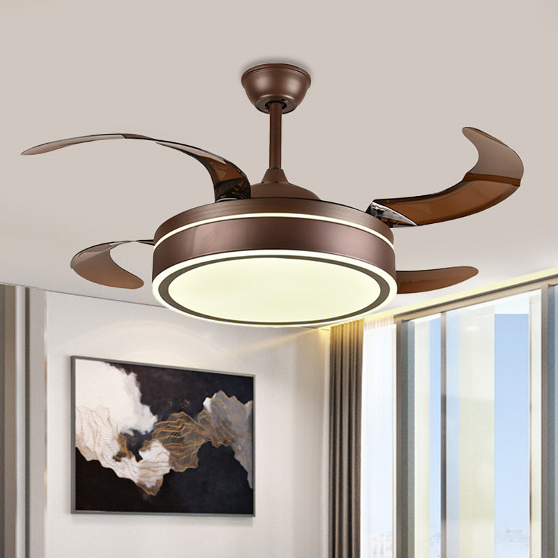 Coffee Ring Ceiling Fan Light Minimalism Acrylic LED Living Room Semi Mount Lighting with 4 Brown Blades, 42" Width