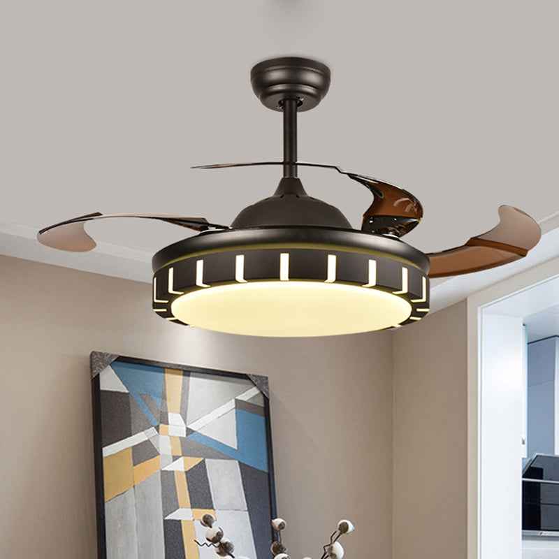 Metal Black Hanging Fan Light Circle LED Minimalist 4 Brown Blades Semi Flush Mount Ceiling Fixture with 4 Brown Blades for Bedroom, 36"/42" Width