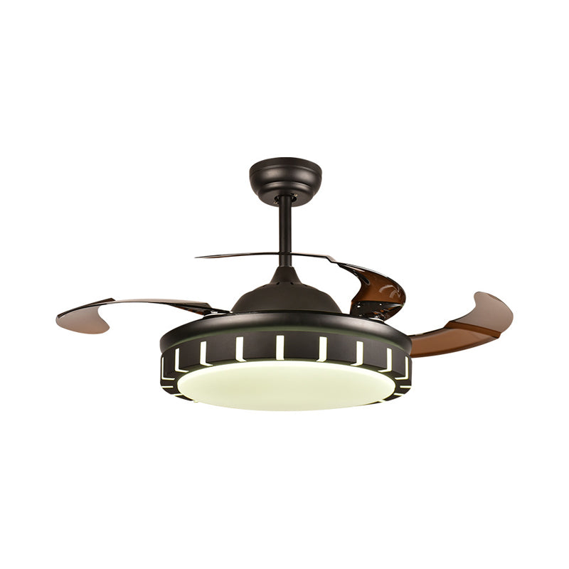 Metal Black Hanging Fan Light Circle LED Minimalist 4 Brown Blades Semi Flush Mount Ceiling Fixture with 4 Brown Blades for Bedroom, 36"/42" Width