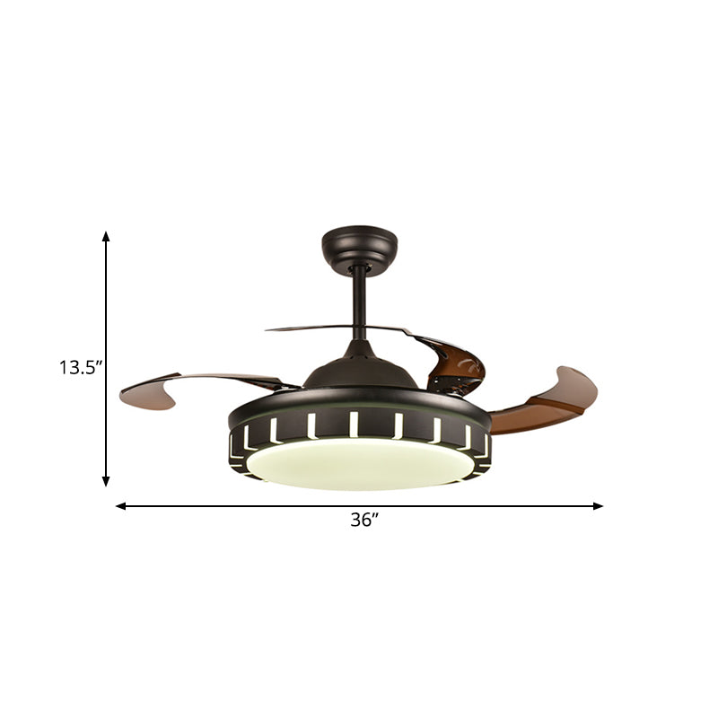 Metal Black Hanging Fan Light Circle LED Minimalist 4 Brown Blades Semi Flush Mount Ceiling Fixture with 4 Brown Blades for Bedroom, 36"/42" Width