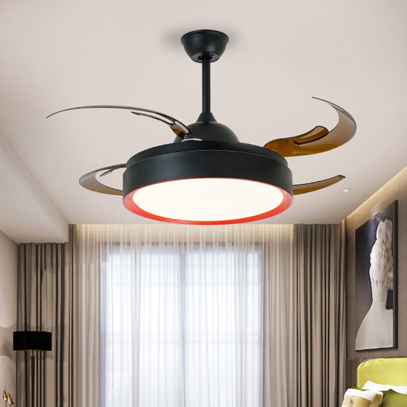 Simplicity Round Pendant Fan Lamp 42" W LED Metal Semi Flush Ceiling Light in Black for Bedroom, 4 Brown Blades