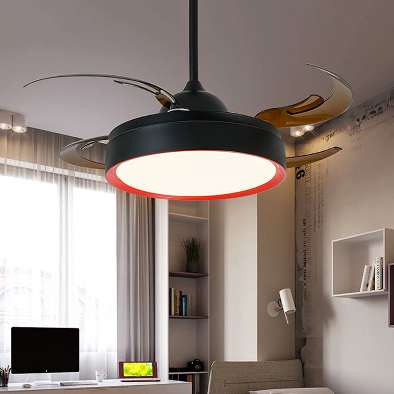 Simplicity Round Pendant Fan Lamp 42" W LED Metal Semi Flush Ceiling Light in Black for Bedroom, 4 Brown Blades