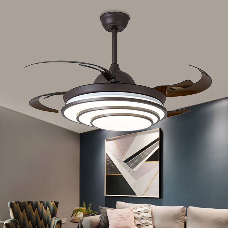 Circle Acrylic Ceiling Fan Light Modern LED Living Room Semi Flush Mount in Dark Coffee with 4 Brown Blades, 42" Wide