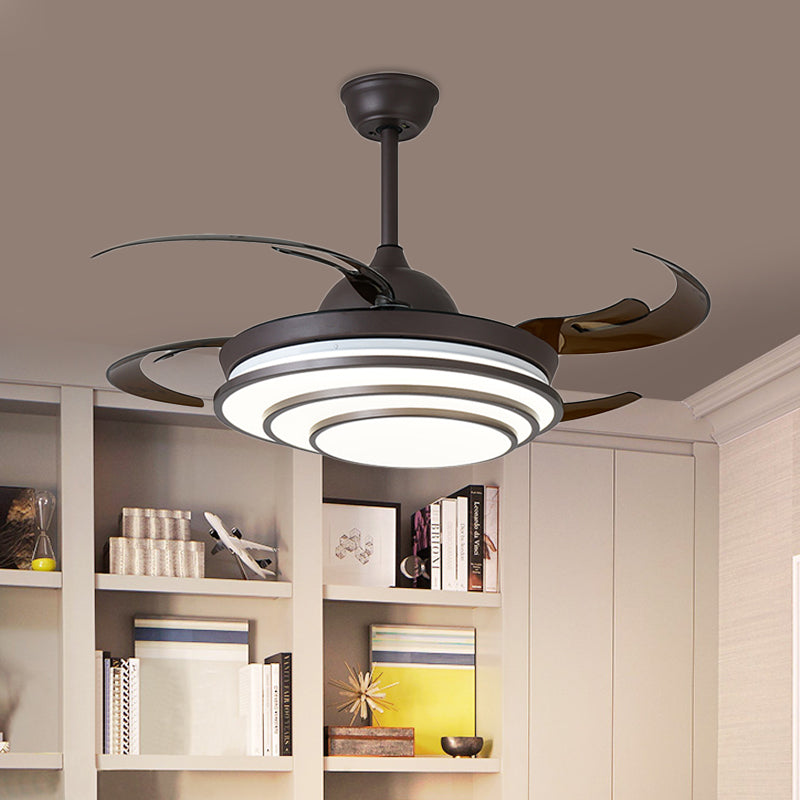 Circle Acrylic Ceiling Fan Light Modern LED Living Room Semi Flush Mount in Dark Coffee with 4 Brown Blades, 42" Wide