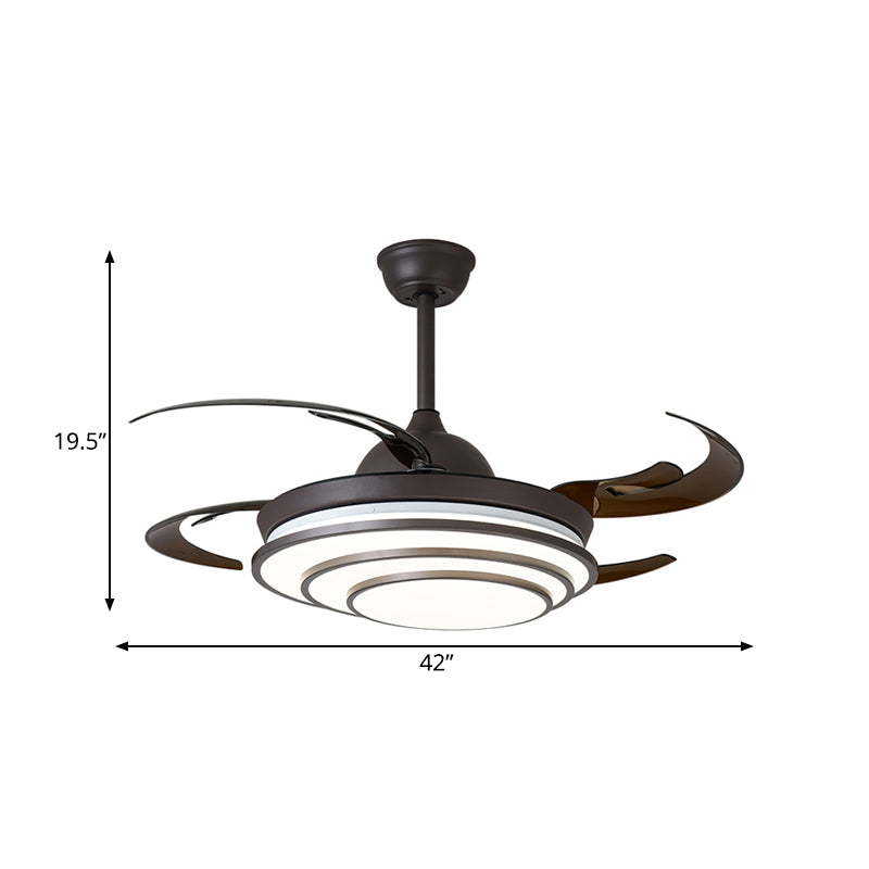 Circle Acrylic Ceiling Fan Light Modern LED Living Room Semi Flush Mount in Dark Coffee with 4 Brown Blades, 42" Wide