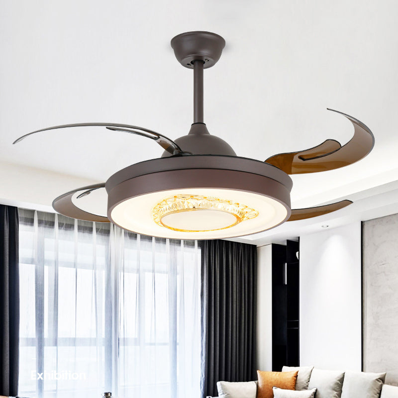 Acrylic Coffee Hanging Fan Lighting Circular LED 42" W Modernist Semi Flush Mount Light Fixture for Bedroom, 4 Brown Blades