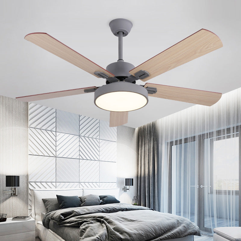 Circle Bedroom Ceiling Fan Lighting Modernism Metal LED Grey/White Semi Flush Mount Light Fixture with 5 Wood Blades, 52" Width