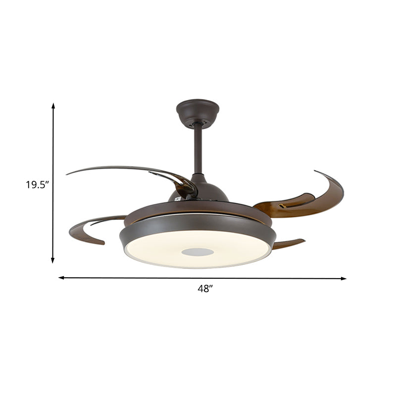 48" Wide LED Round Pendant Fan Lamp Traditional Brown Finish Metallic 4 Blades Semi Flush Light with Acrylic Shade