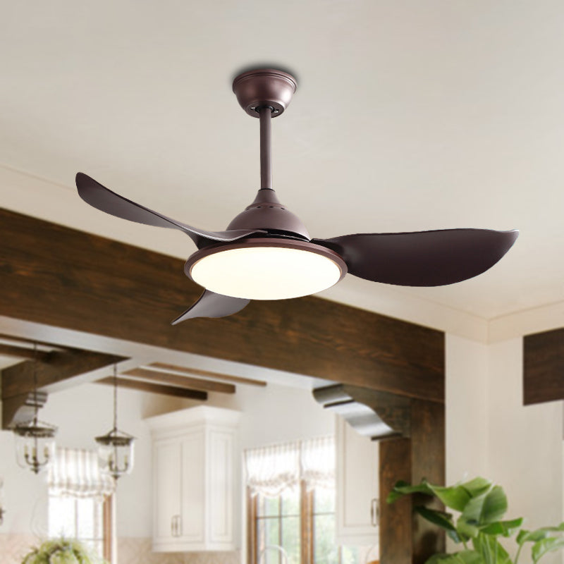 Brown Ring Semi Flush Ceiling Lamp Vintage Iron Living Room LED Hanging Fan Light with 3 ABS Blades, 42" Wide