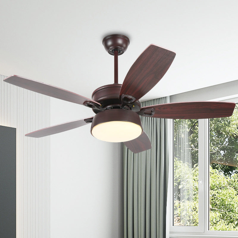 Drum Metallic Ceiling Fan Light Vintage Living Room 50" Wide LED Semi Flush Lamp in Coffee with Acrylic Shade, 5 Blades