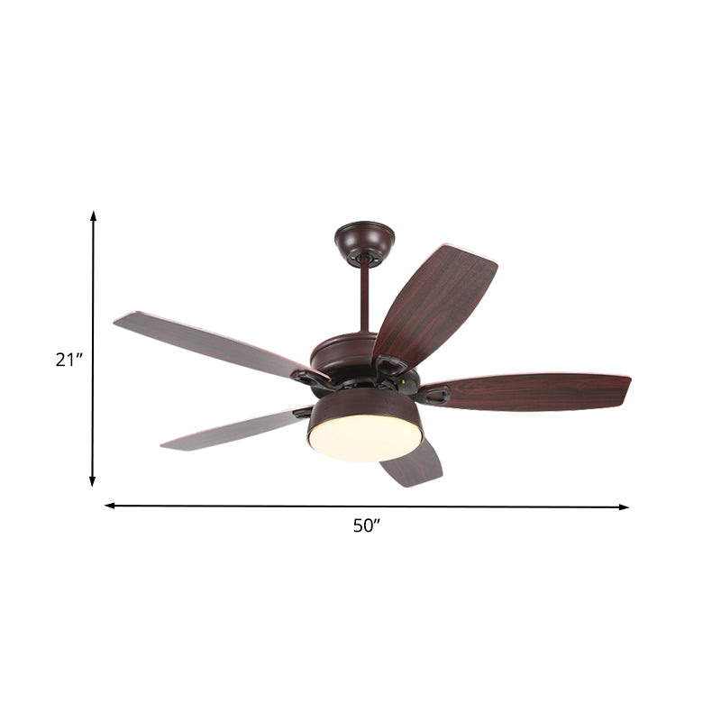 Drum Metallic Ceiling Fan Light Vintage Living Room 50" Wide LED Semi Flush Lamp in Coffee with Acrylic Shade, 5 Blades