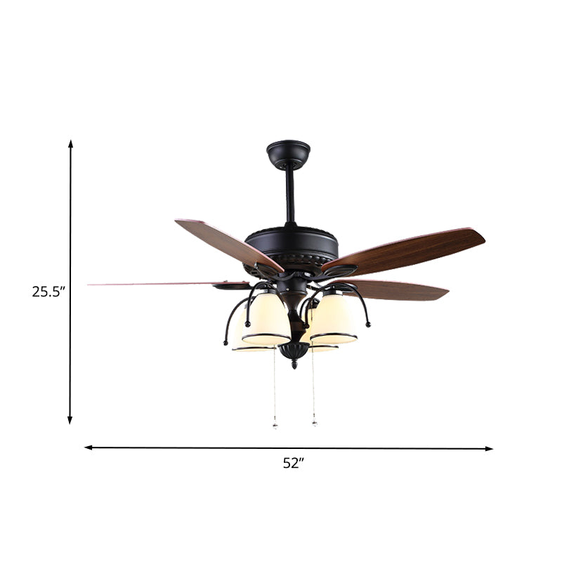 52" W 4 Lights Cup Shape Hanging Fan Light Traditional Black Cream Glass Up/Down Semi Flush Lamp with 5 Brown Blades, General/Frequency Conversion