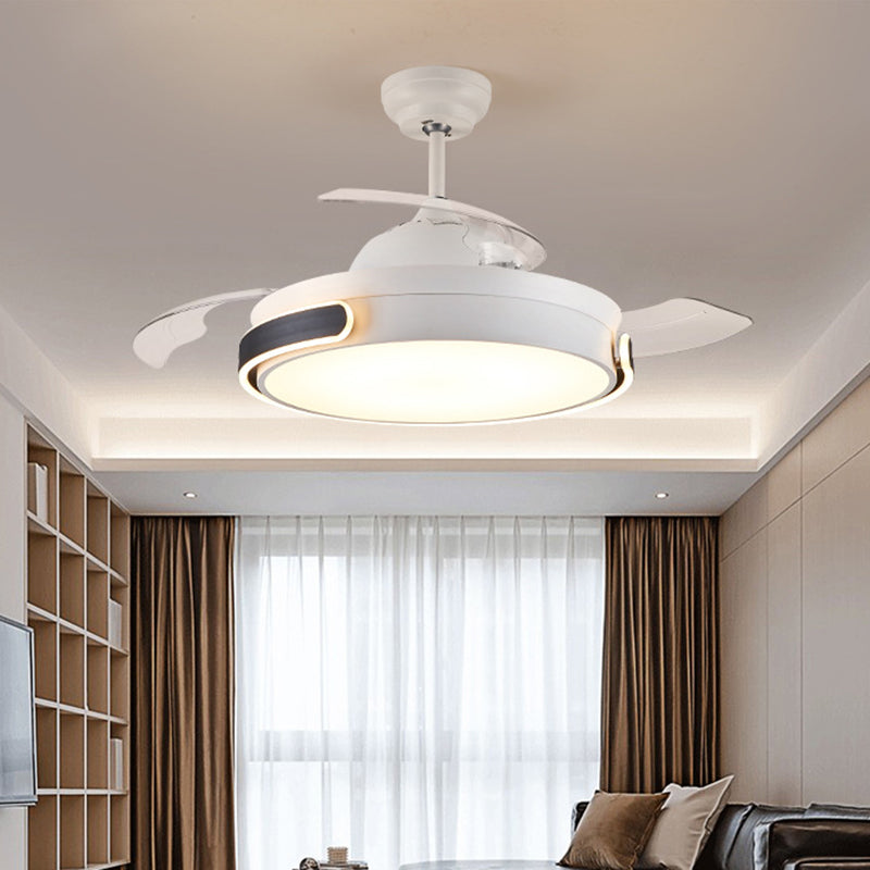 Acrylic Drum 3 Blades Pendant Fan Light Modern Living Room LED Semi Flush Mount Lamp in White with Remote Control, 36"/42" Wide