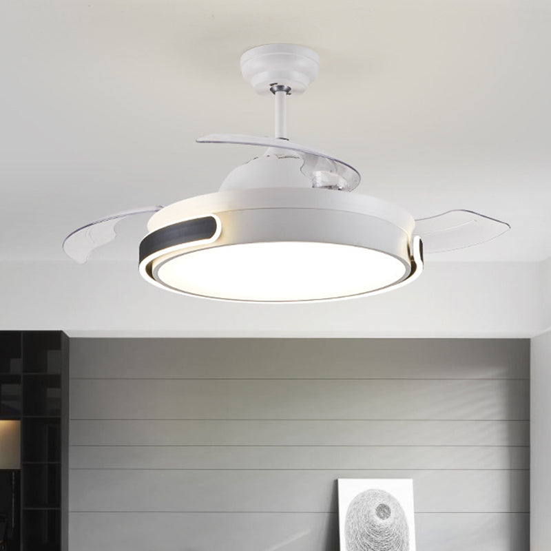 Tambour en acrylique 3 lames pendante ventilateur lumière moderne salon moderne LED semi-flush lampe monte en blanc avec télécommande, 36 "/ 42" de large