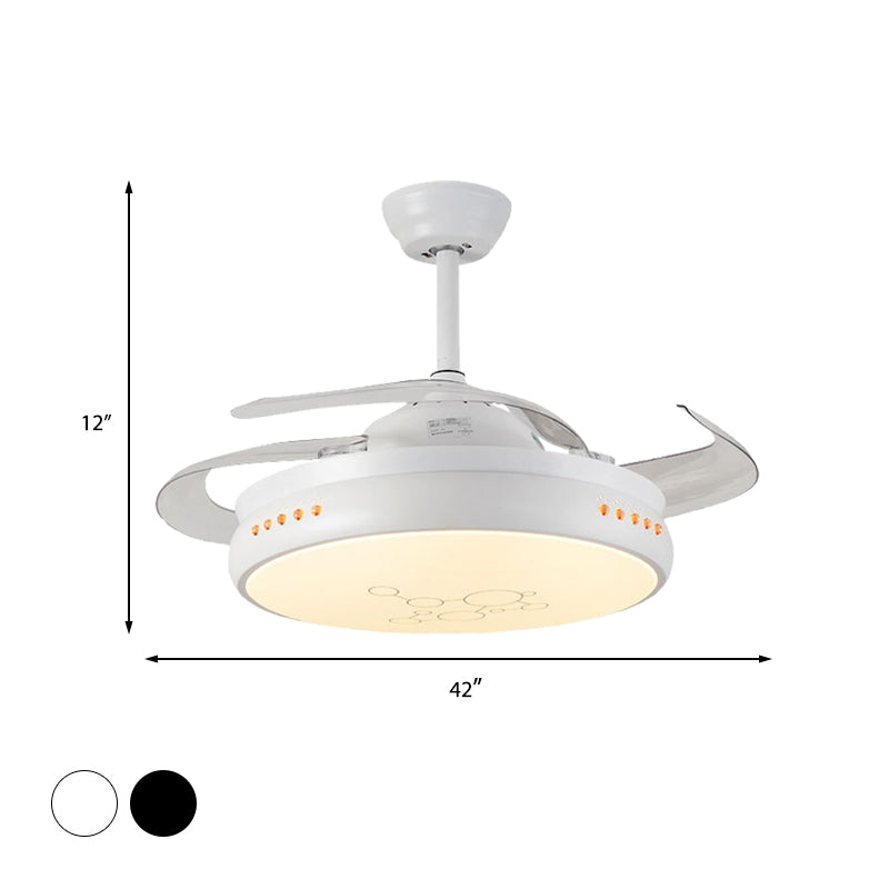 42" Wide LED Round Semi Flush Mount Simple Black/White Finish Metal 3 Clear Blades Hanging Fan Light with Acrylic Shade