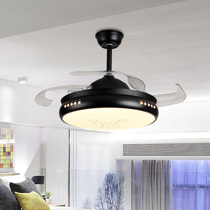 42" Wide LED Round Semi Flush Mount Simple Black/White Finish Metal 3 Clear Blades Hanging Fan Light with Acrylic Shade