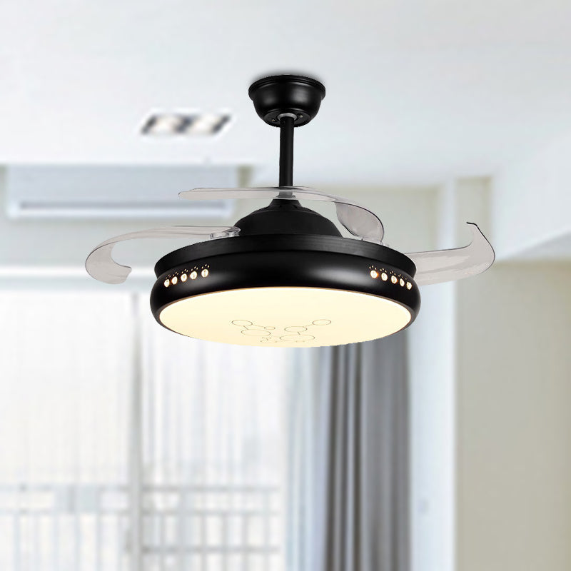 42" Wide LED Round Semi Flush Mount Simple Black/White Finish Metal 3 Clear Blades Hanging Fan Light with Acrylic Shade