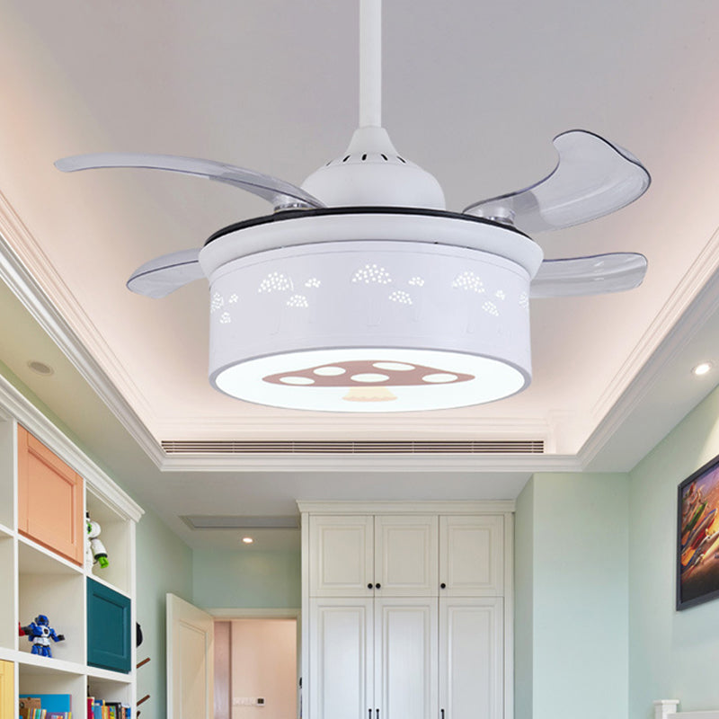 Drum 4 Blades Ceiling Fan Light Kids Metal Living Room 36.5" Wide LED Semi Flush Lamp in White with Mushroom Pattern, Wall/Remote Control