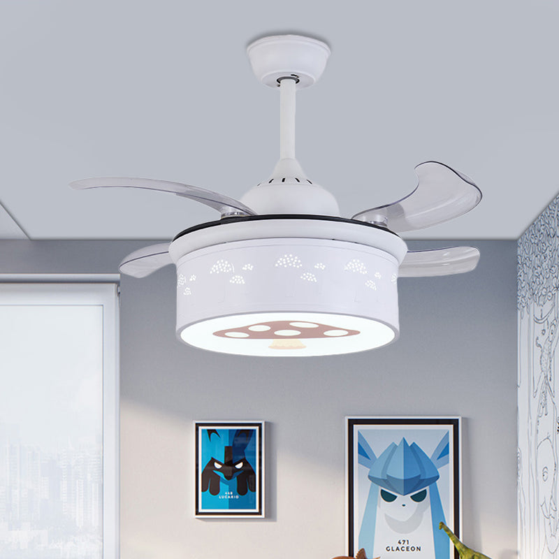 Drum 4 Blades Ceiling Fan Light Kids Metal Living Room 36.5" Wide LED Semi Flush Lamp in White with Mushroom Pattern, Wall/Remote Control