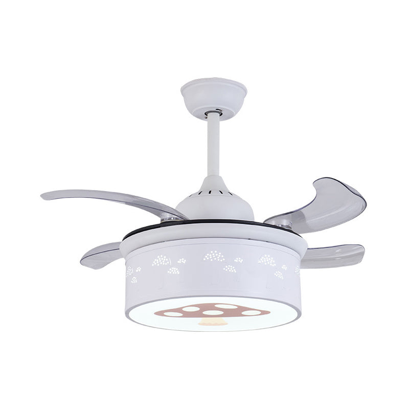 Tambour 4 lames ventilateur de plafond Light Kids Metal Living Room de 36,5 "LED LED à LED de large en blanc avec motif de champignons, mur / télécommande