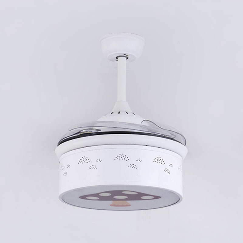 Tambour 4 lames ventilateur de plafond Light Kids Metal Living Room de 36,5 "LED LED à LED de large en blanc avec motif de champignons, mur / télécommande