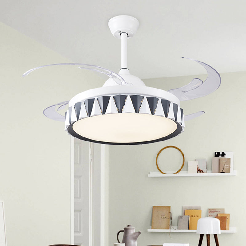 Kids Drum Pendant Fan Lighting Metallic Bedroom 4 Blades LED Semi Flushmount in White with Acrylic Shade, 47" W