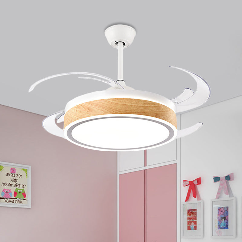 Metal Round Hanging Fan Light Simple Modern 4 Blades LED Semi Flush Mounted Lamp in Grey/Pink/Blue for Dining Room, 47" Wide