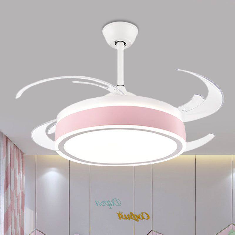 Metal Round Hanging Fan Light Simple Modern 4 Blades LED Semi Flush Mounted Lamp in Grey/Pink/Blue for Dining Room, 47" Wide