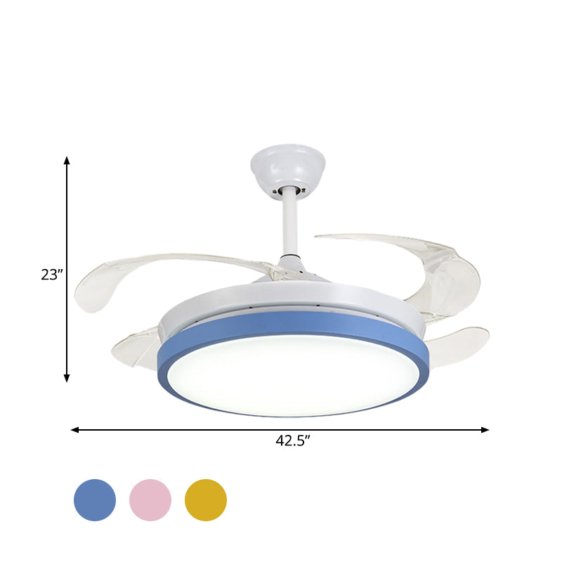 Circular Acrylic Semi Flush Ceiling Lamp Modern Pink/Blue/Yellow 42.5" W LED Hanging Pendant Fan Light for Bedroom with 4 Clear Blades