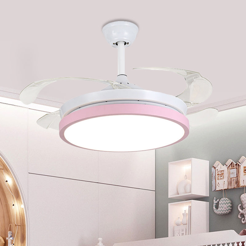 Circular Acrylic Semi Flush Ceiling Lamp Modern Pink/Blue/Yellow 42.5" W LED Hanging Pendant Fan Light for Bedroom with 4 Clear Blades