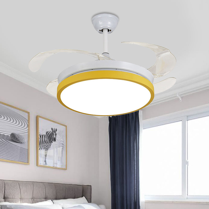 Circular Acrylic Semi Flush Ceiling Lamp Modern Pink/Blue/Yellow 42.5" W LED Hanging Pendant Fan Light for Bedroom with 4 Clear Blades