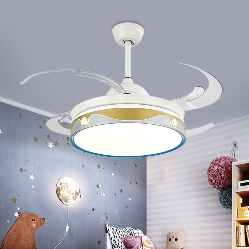 47" W LED Bedroom Semi Flush Light Modernist White 4 Clear Blades Ceiling Fan Lamp with Round Acrylic Shade