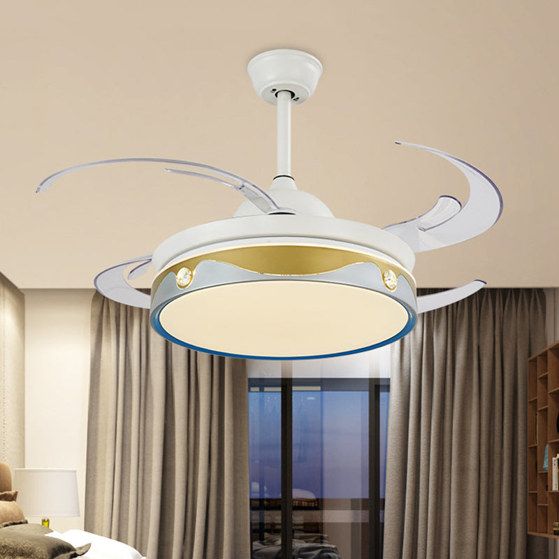 47 "W LED CHAMBRE SEMI FUSHER LUMIÈRE moderniste blanc 4 lames transparentes plafonnier lampe à fans avec teinte acrylique ronde