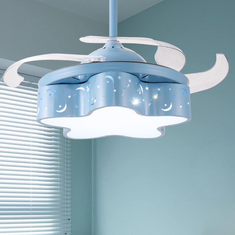 Star Shape Bedroom Pendant Fan Lighting Metal Nordic Kids 4 Clear Blades LED Semi Flushmount in White/Pink/Blue, 66" Wide