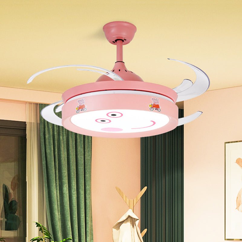 Pink Round 4 Blades Semi Flush Mount Light Kids LED Metallic Hanging Fan Lamp Fixture with Cartoon Pig Pattern, 47" W