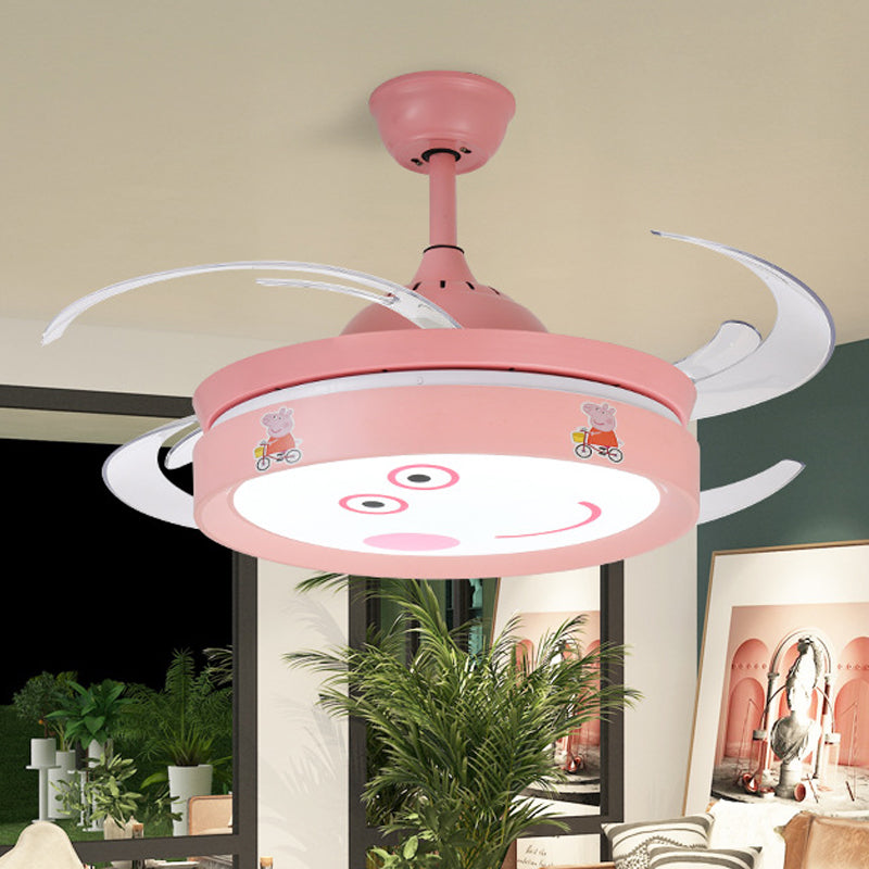 Pink Round 4 Blades Semi Flush Mount Light Kids LED Metallic Hanging Fan Lamp Fixture with Cartoon Pig Pattern, 47" W