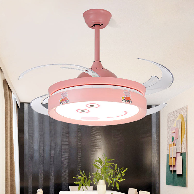 Pink Round 4 Blades Semi Flush Mount Light Kids LED Metallic Hanging Fan Lamp Fixture with Cartoon Pig Pattern, 47" W