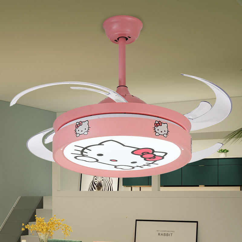 47 "W Cirkel hanger plafondventilator licht Kinderstijl metalen woonkamer LED Semi Flush gemonteerde lamp in roze met 4 heldere messen