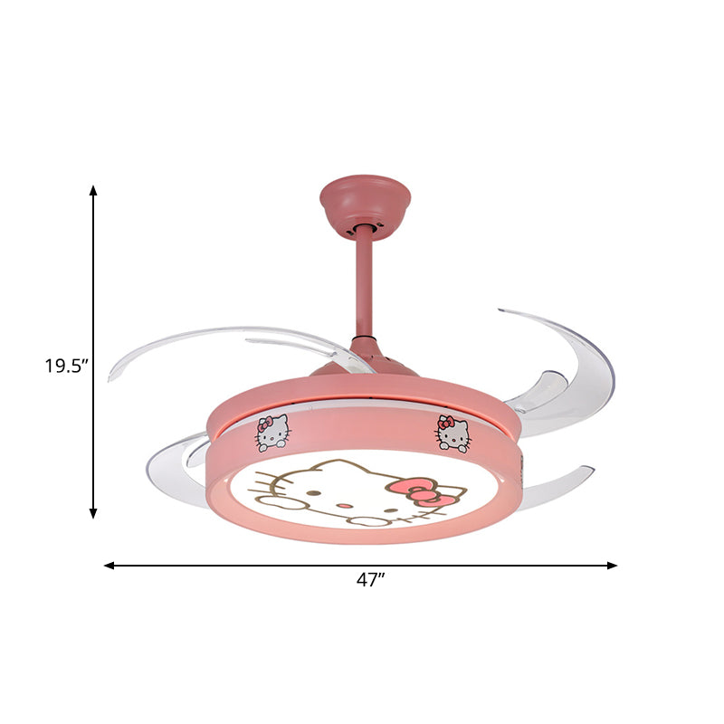 47 "W Cirkel hanger plafondventilator licht Kinderstijl metalen woonkamer LED Semi Flush gemonteerde lamp in roze met 4 heldere messen