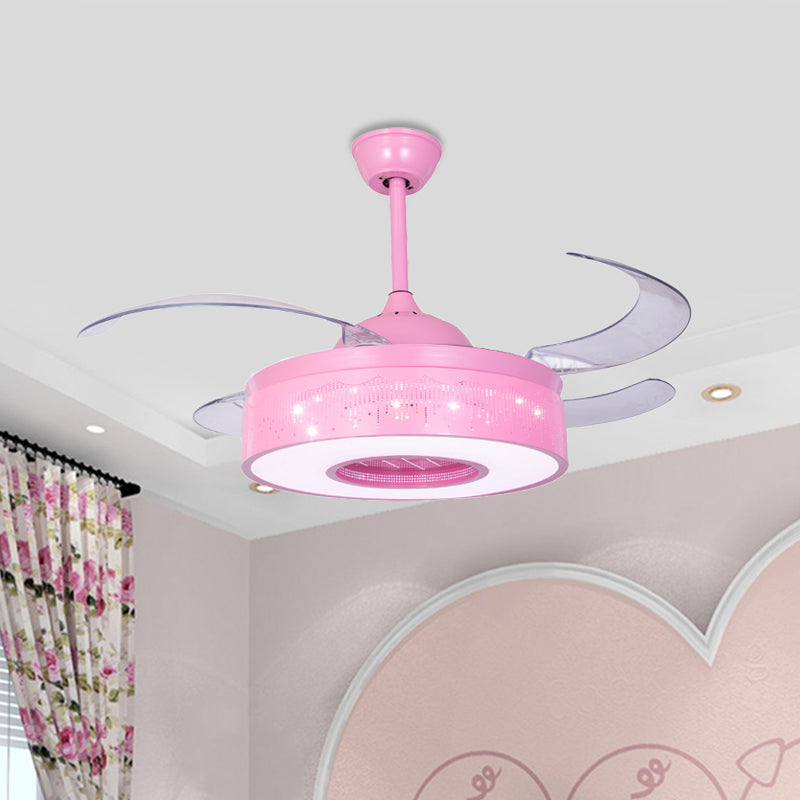 4 Blades Metallic Ring Semi Flush Lighting Modern 36" W LED Pendant Fan Lamp Fixture in Pink/Blue with Hollowed Out Design, Wall/Remote Control