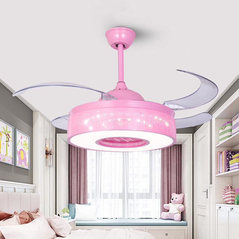 4 Blades Metallic Ring Semi Flush Lighting Modern 36" W LED Pendant Fan Lamp Fixture in Pink/Blue with Hollowed Out Design, Wall/Remote Control