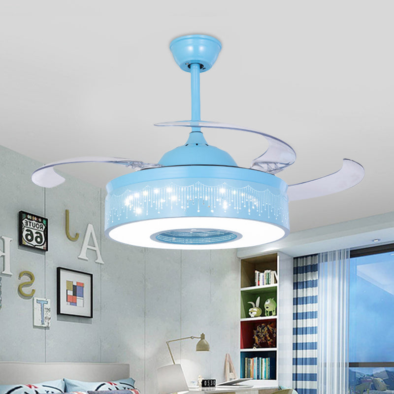 4 Blades Metallic Ring Semi Flush Lighting Modern 36" W LED Pendant Fan Lamp Fixture in Pink/Blue with Hollowed Out Design, Wall/Remote Control