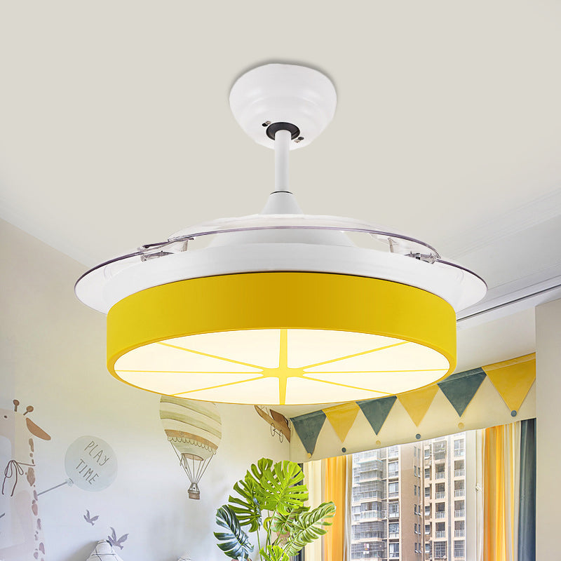 Minimalist Round Semi Flushmount Acrylic Bedroom LED Hanging Fan Light Fixture in Yellow with 3 Clear Blades, 42" Wide